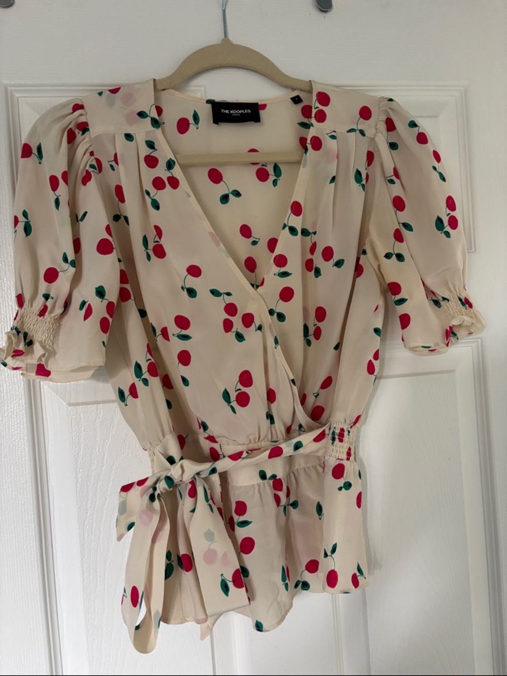 The Kooples Cream Wrap Blouse with Red Cherry Print